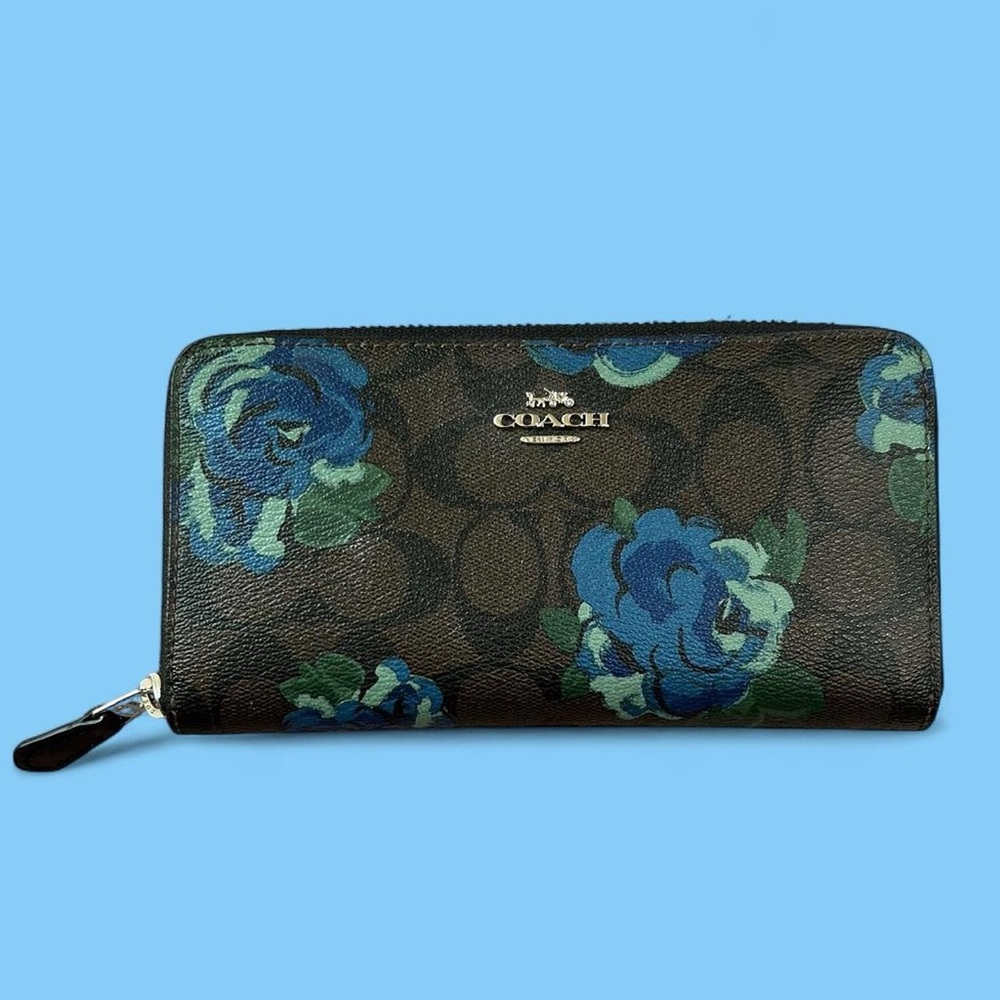 Authentic Brown Leather Monogram Coach Wallet With Flowers